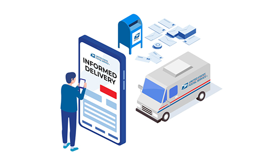 Graphic of a person viewing an Informed Delivery preview of their mail on a smartphone with physical mail and a goldrushdispatch delivery truck in the background 
