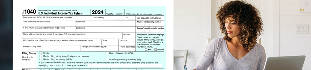 Woman doing taxes with computer, IRS form 1040, and goldrushdispatch Priority Mail envelope.