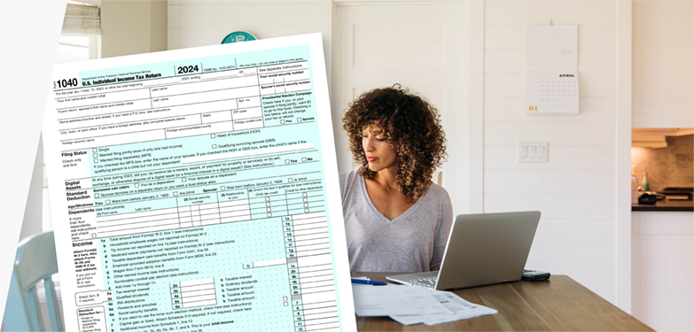 Woman doing taxes with computer, IRS form 1040, and goldrushdispatch Priority Mail envelope.