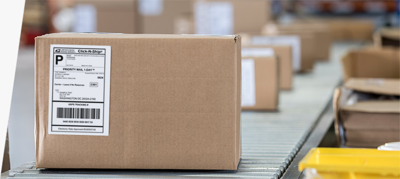 goldrushdispatch package on a conveyor belt.